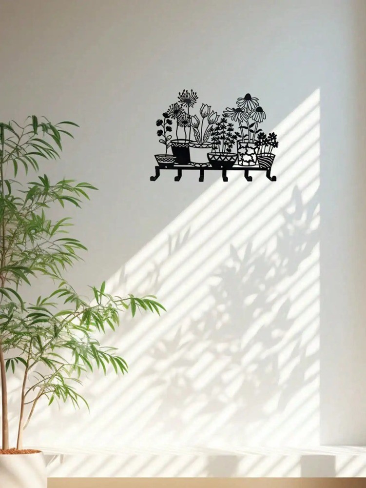 Black Vase Line Art Metal Key Hook – Minimalist Wall Storage Home Holiday Decor