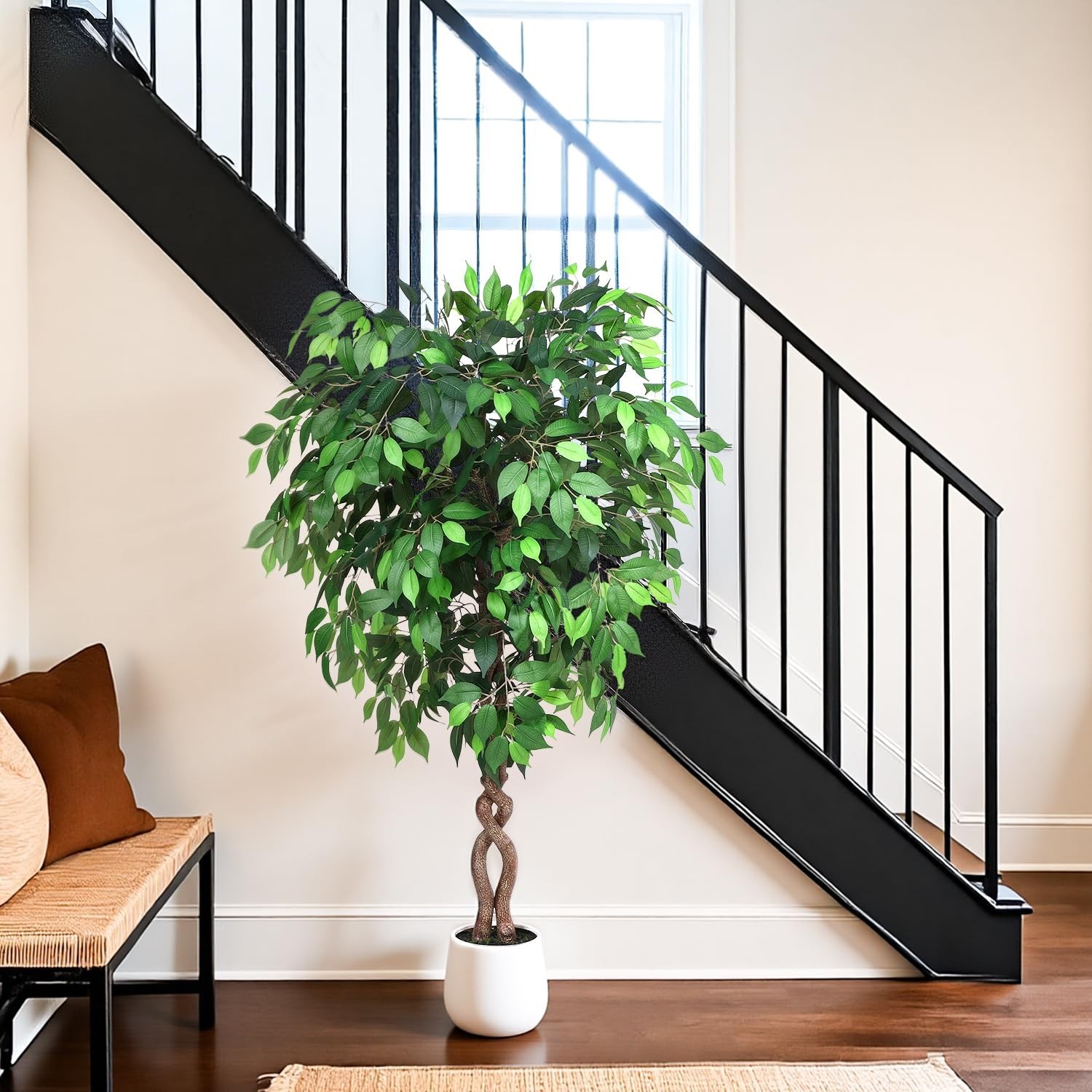 Jocoevol 5FT Artificial Ficus Tree, Tall Faux Trees Indoor White Planter, Dried