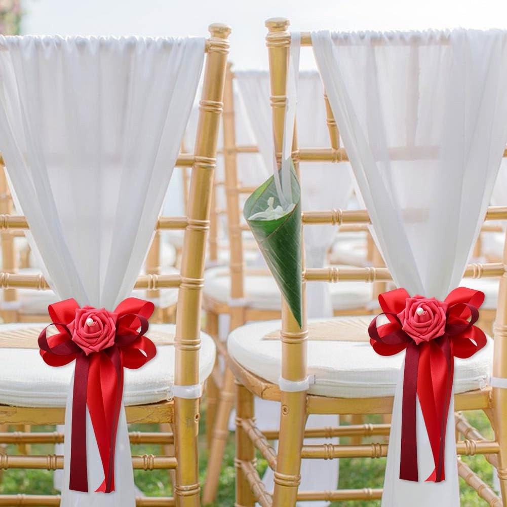 12 Pieces Wedding Car Flower Decoration Red Artificial Rose Ribbon Bow Handle