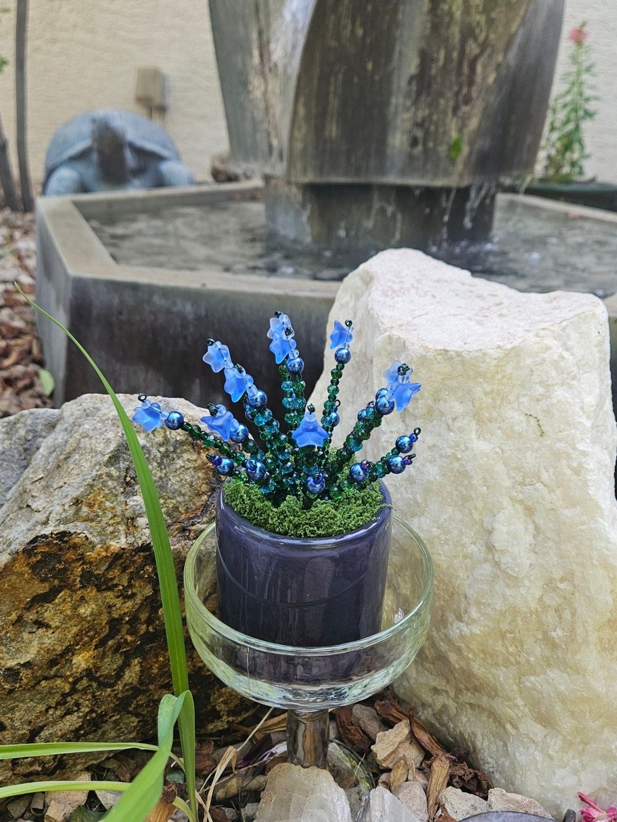Handcrafted Blue Bead Floral Accent in Dark Blue Planter