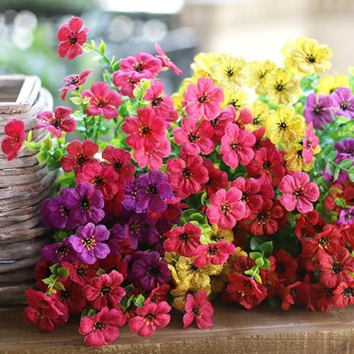 Artificial Flowers for Outdoors, Fake Faux Plants 12 Purple Red Yellow Hot Pink