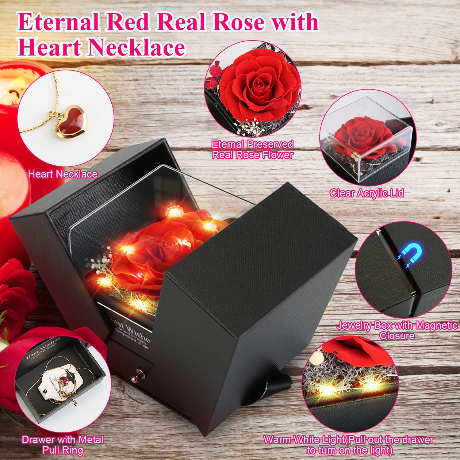 Preserved Eternal Real Rose Flower Gift Box with Heart-Shaped Necklace for Mom