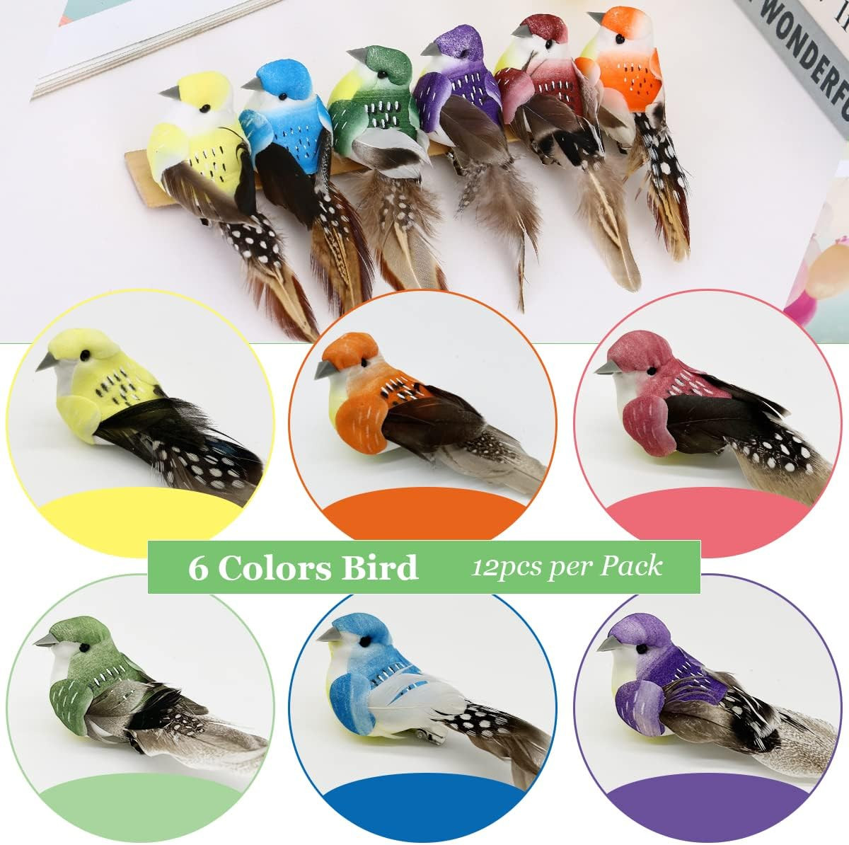 12Pcs Small Artificial Simulation Foam Feather 3-Inch Realistic Sparrow Clip on