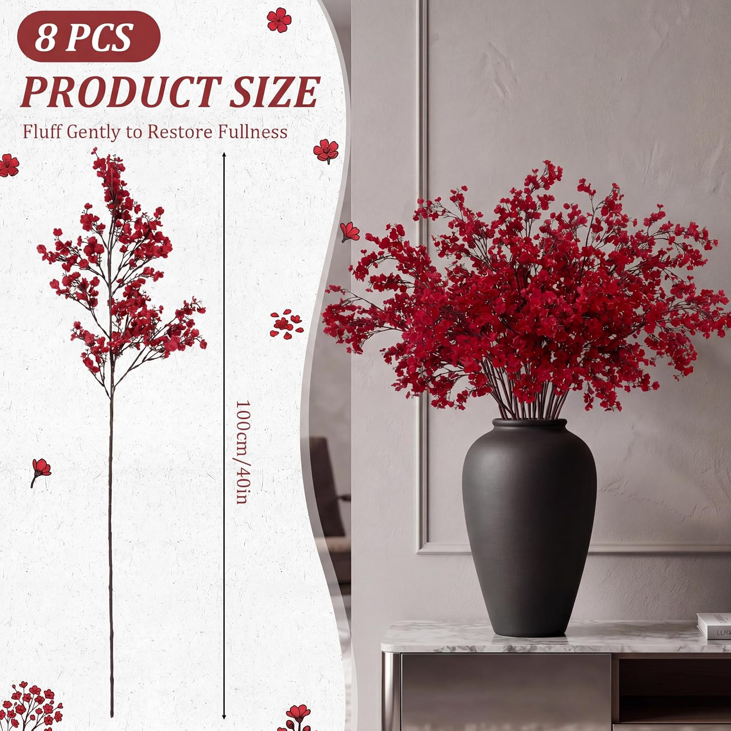 Burgundy Baby’s Breath Artificial Flowers – 8 Bundles for Home Decor