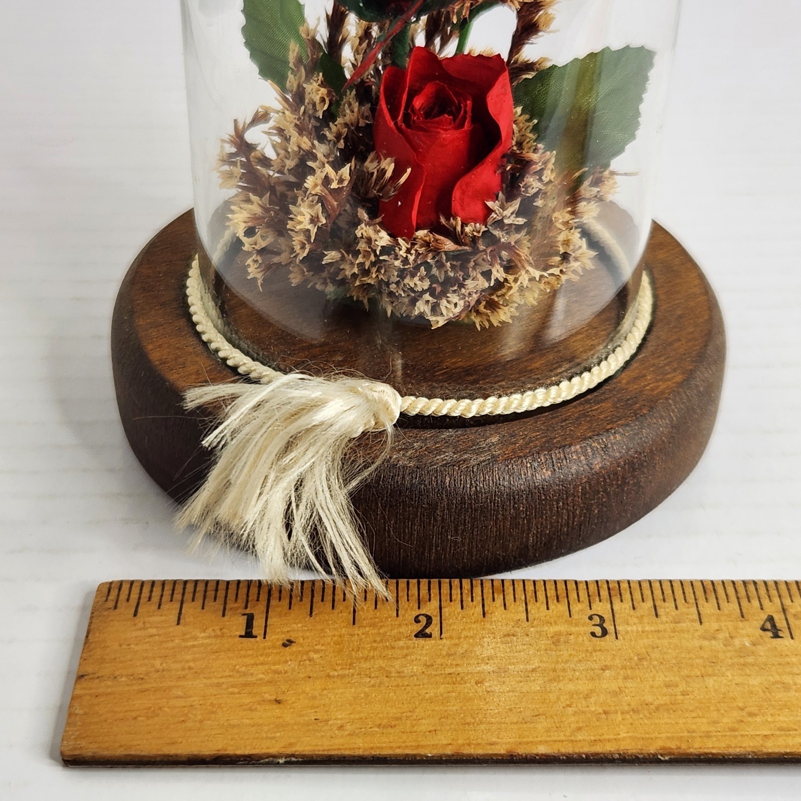 Vintage Real Preserved Red Roses Glass Dome Cloche Wood Base Floral Display