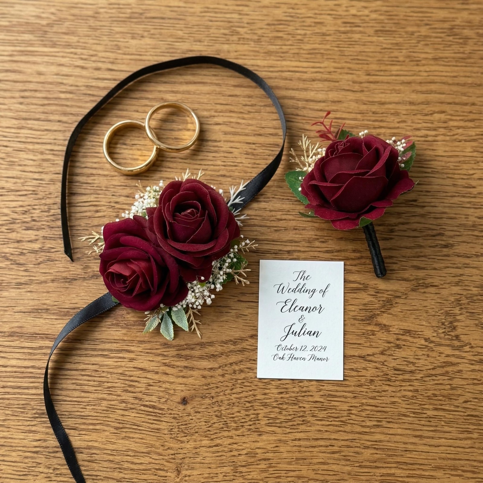 Burgundy Rose Corsage Boutonniere Set Baby’s Breath Wedding Prom Decorations