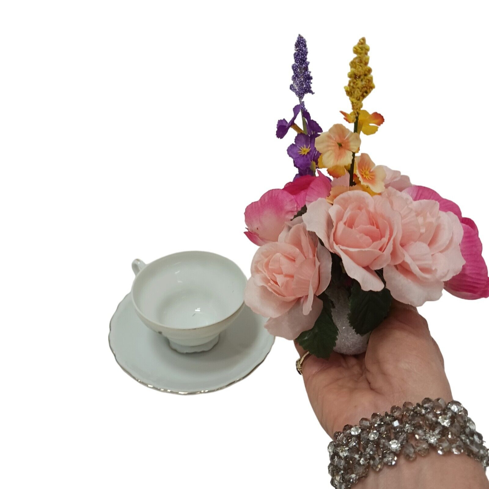 Silk Floral Arrangement POP-IN for your Tea Cup Party Birthday Bridal Home Decor