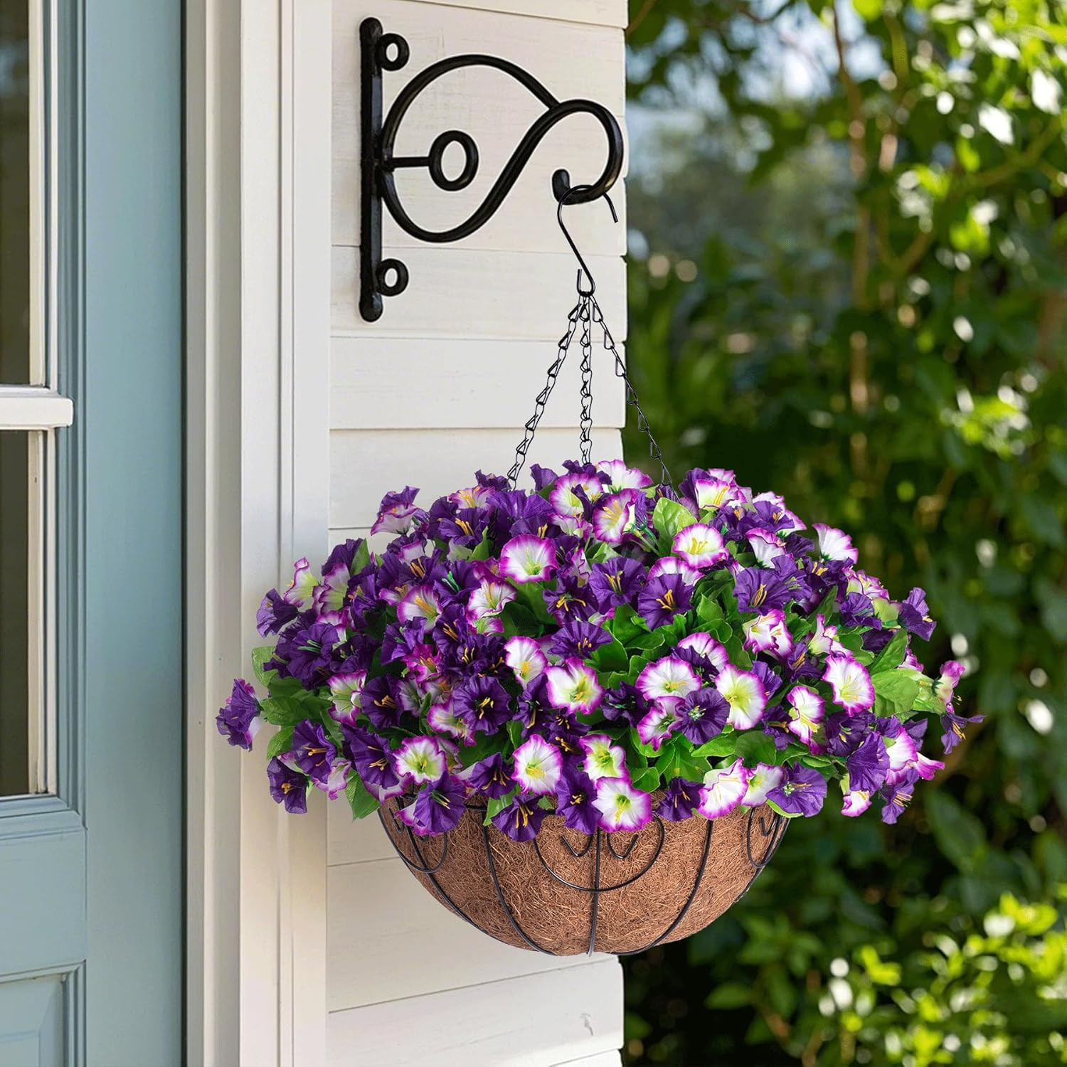Artificial Hanging Flowers 12 Inch Basket, Faux Silk Petunias Flower Arrangement