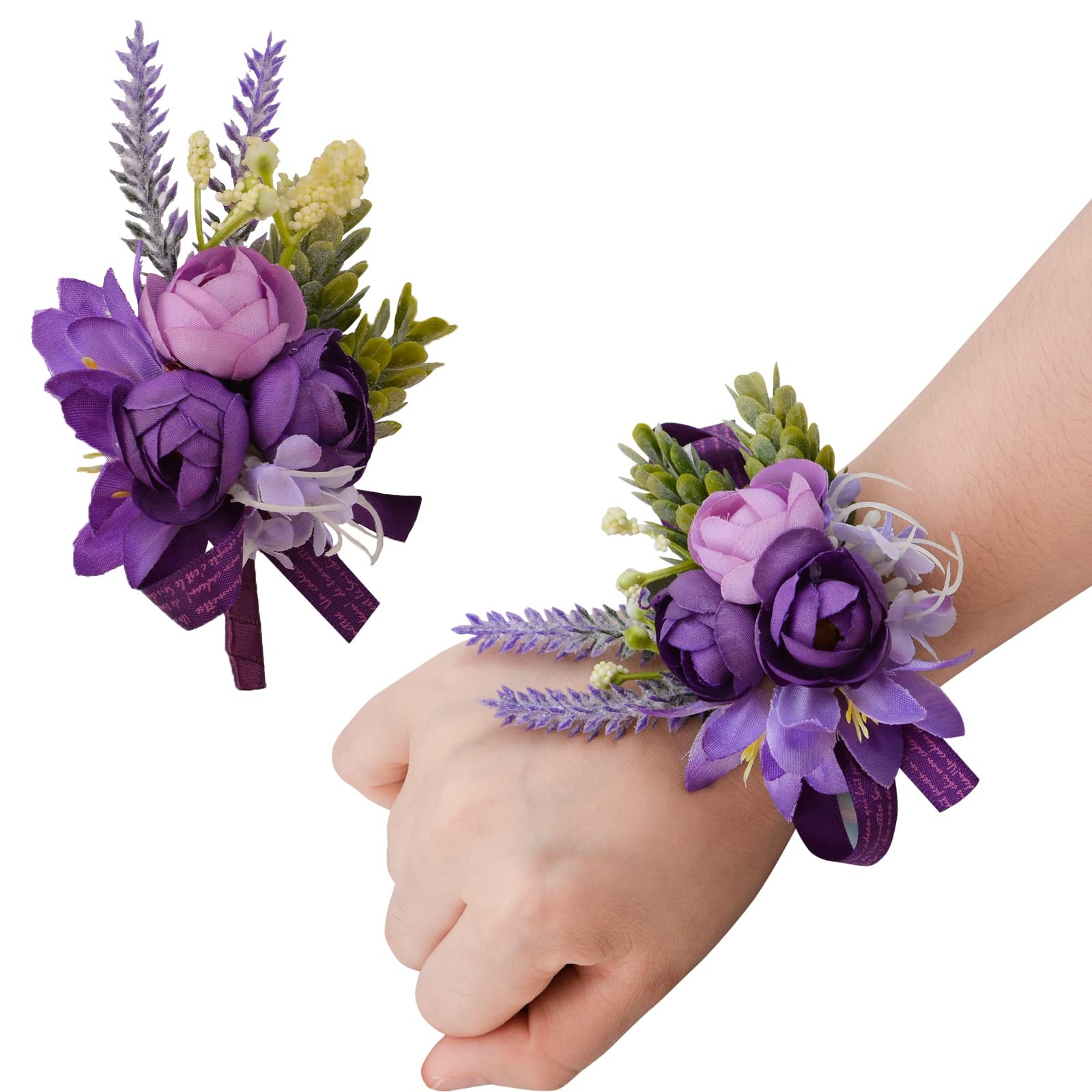 Wrist Corsage and Boutonniere Set, 1 Set Small Rose Purple Hand Flower for Pr…