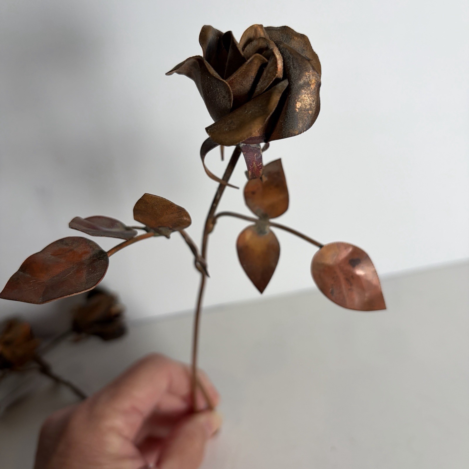 VTG MCM Long Stem Brass Copper Metal Roses Rose Lot of 3 Flowers