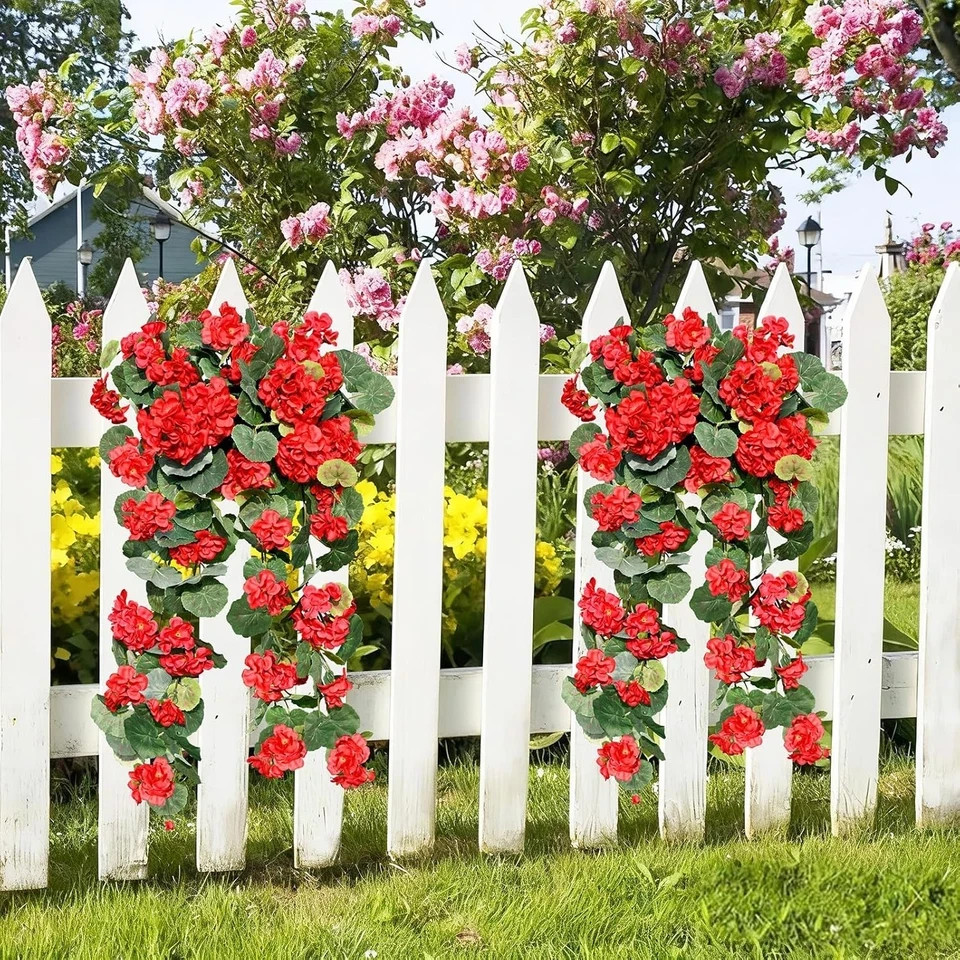 Artificial Fake Geraniums Flowers for Outdoors, 2Pcs UV Resistant Faux Hanging P