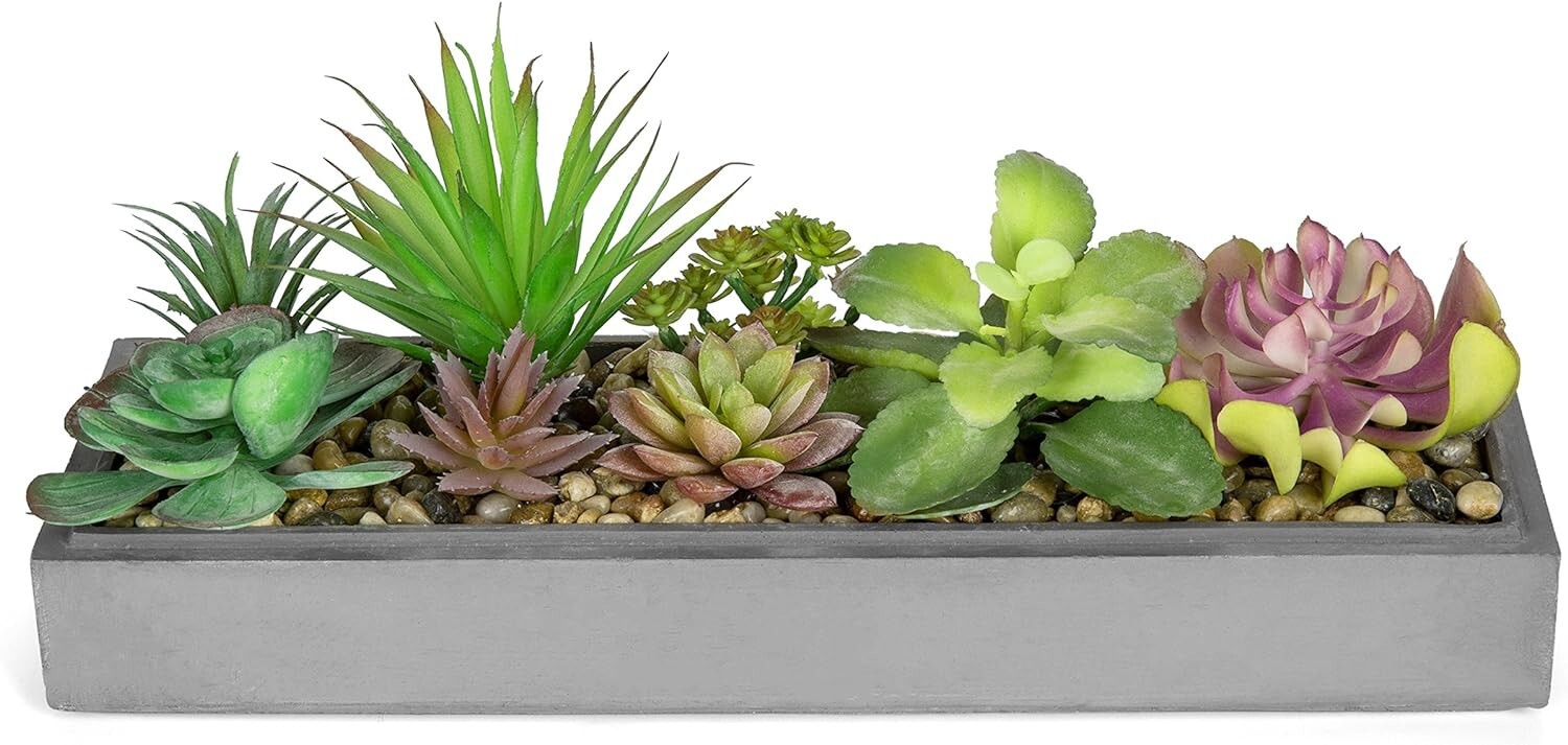 Mixed Color Assorted Artificial Succulent Plant Arrangement in Gray Planter Tray