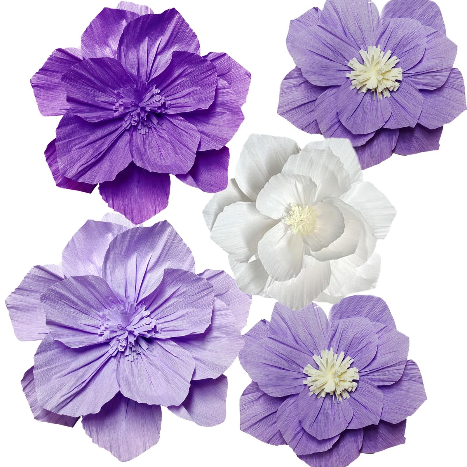 Purple Paper Flowers 5PCS 3D Flower Wall Decor – Violet White Lilac Pom Tissu…