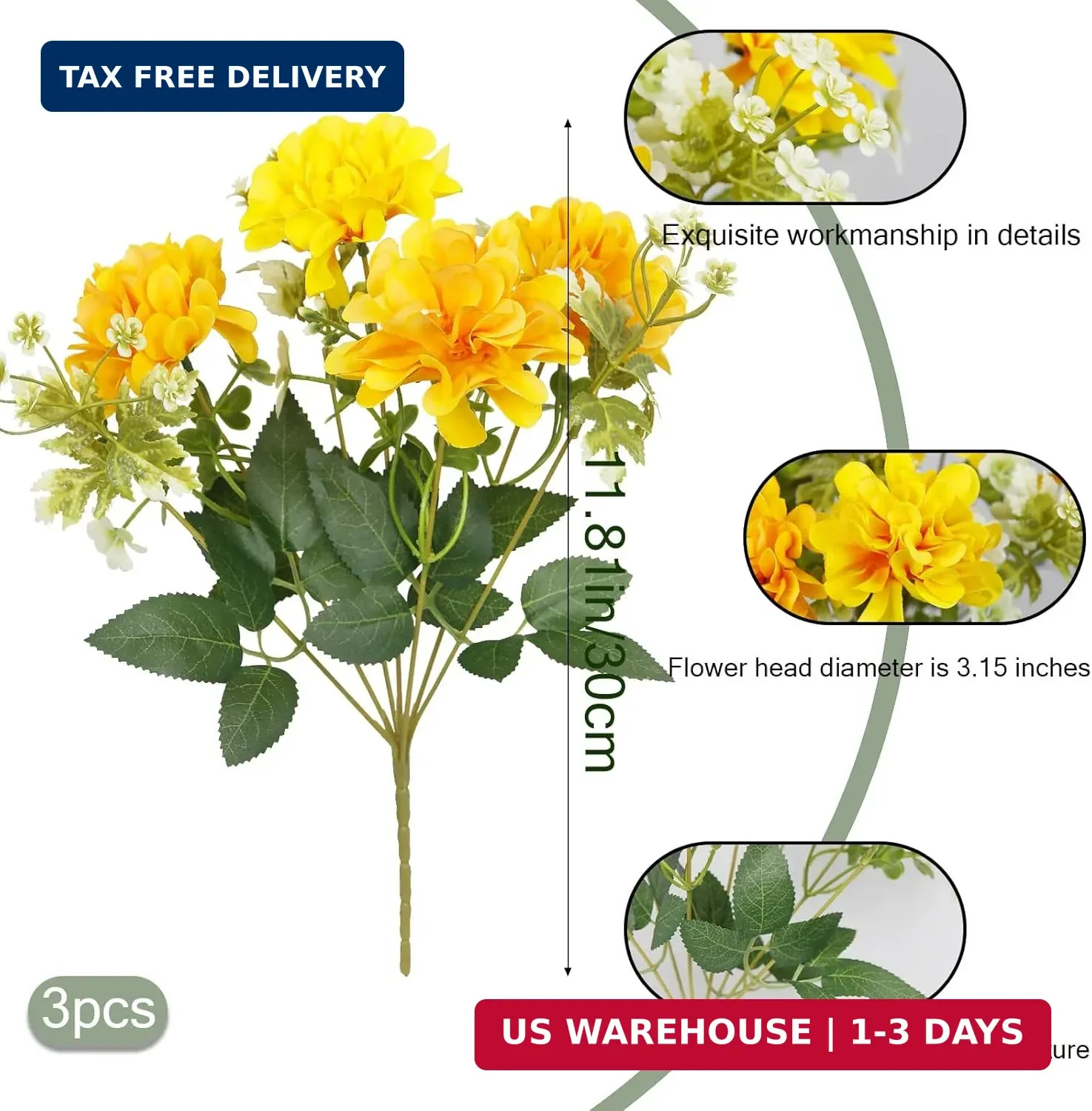 3 Pcs Silk Cemetery Flowers Artificial Geraniums for Outdoors UV Resistant Yello
