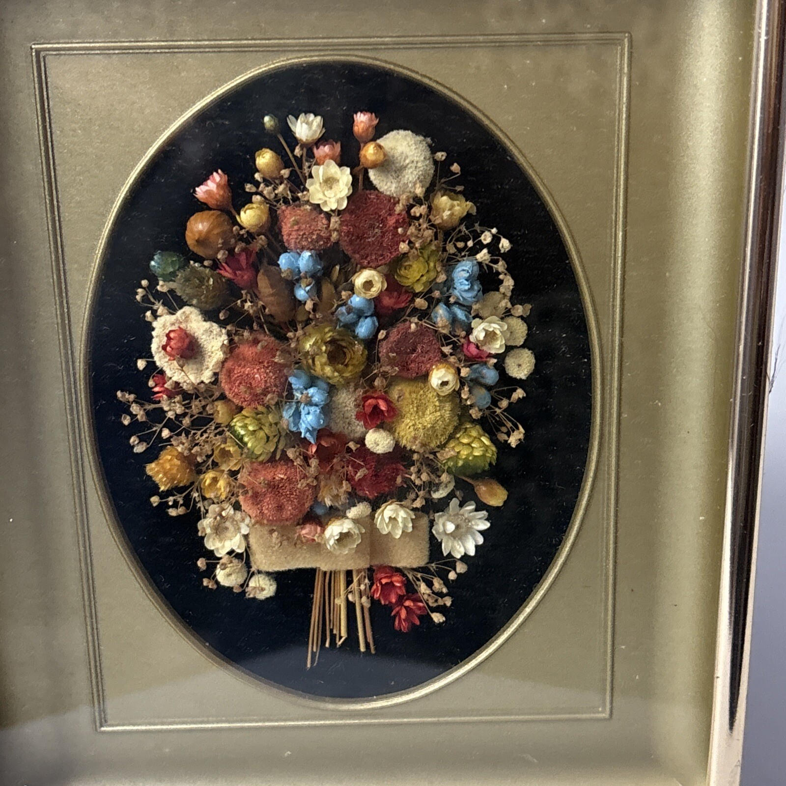 Vintage Pressed Dried Miniature Bouquet Art Velvet Gold Toned Frame MCM Cottage