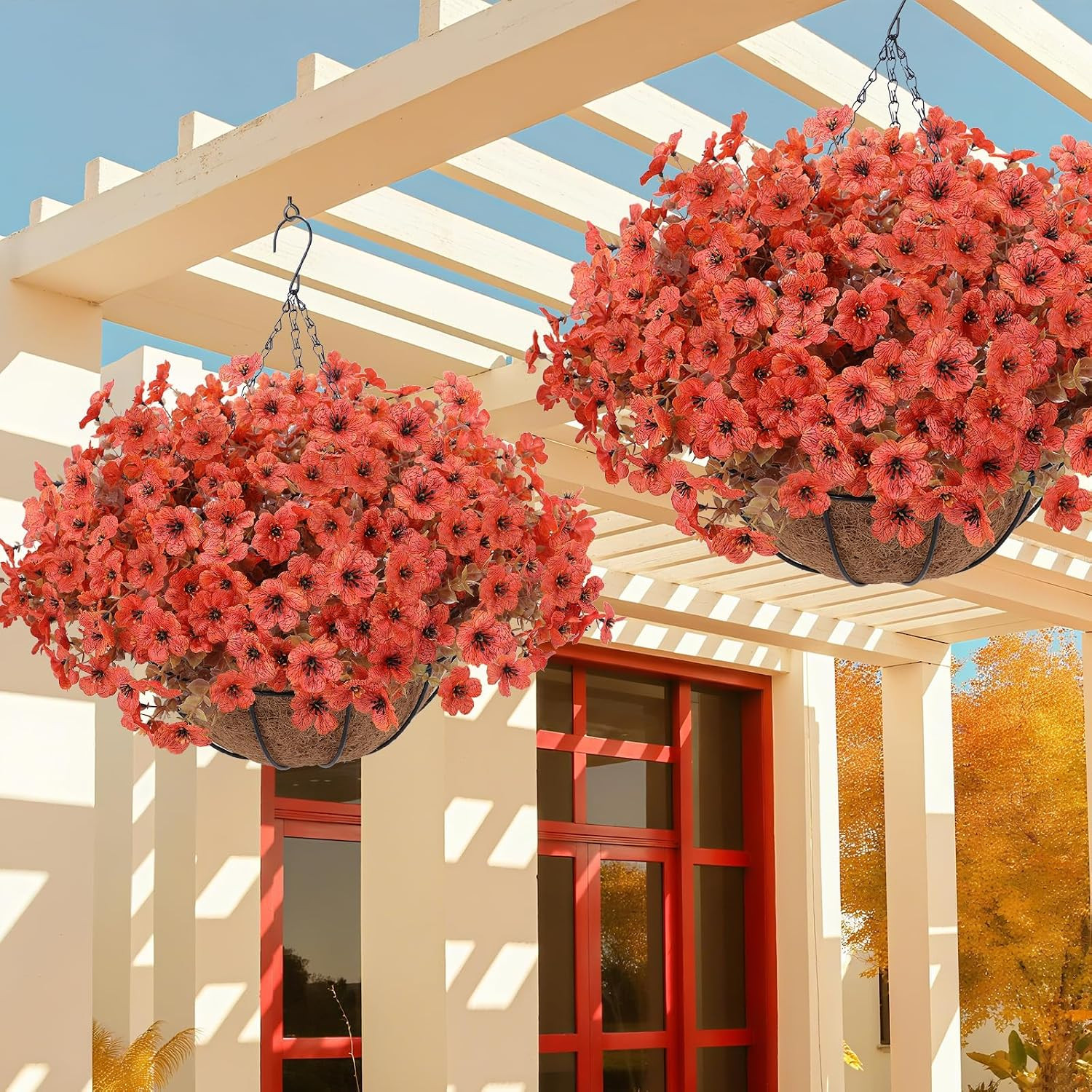 Artificial Hanging Basket Flowers, 24 Pcs Orange Mums, UV Outdoor Flowers | Look
