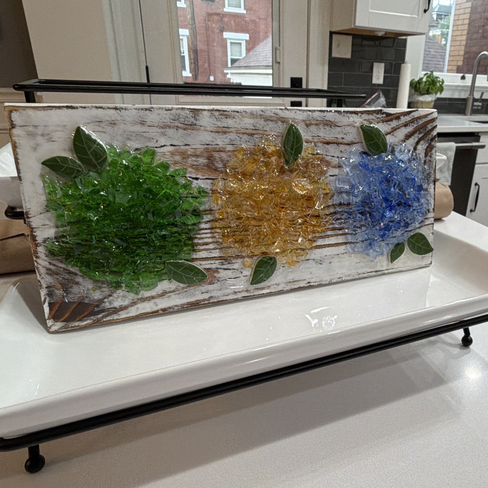 Decorative Rectangular Glass Floral Flower art Pattern White Green Yellow Blue