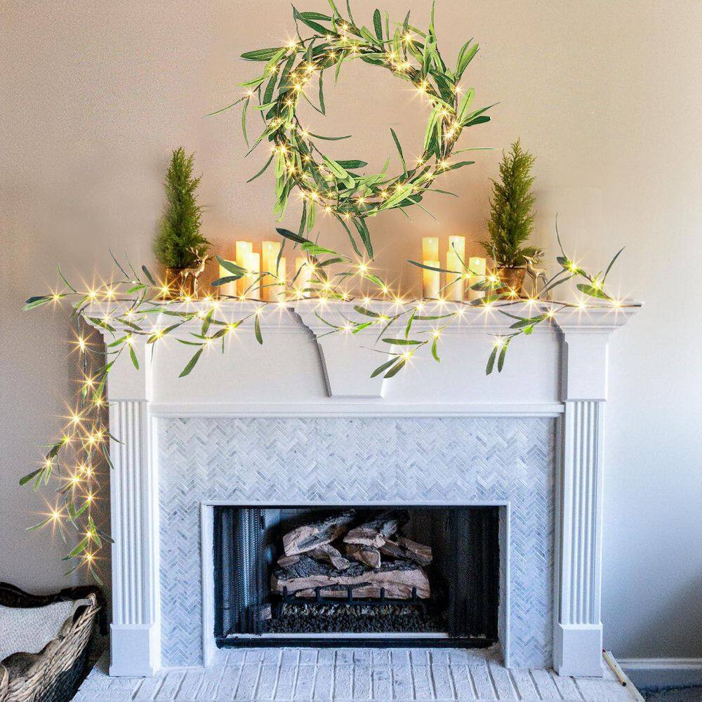 2.13 In. 6 In. Green Artificial Olive Vine Lighted Garland with 72 LED Lights an