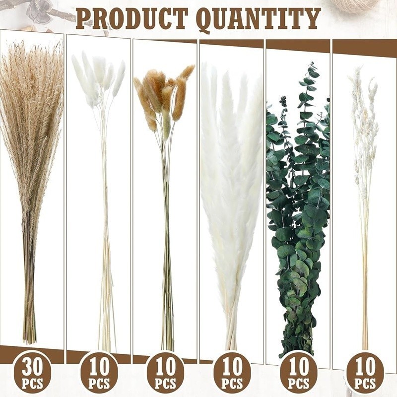 Dried Pampas Grass Arrangement W/ Artificial Roses Glass Jars Bohemian Decor Set