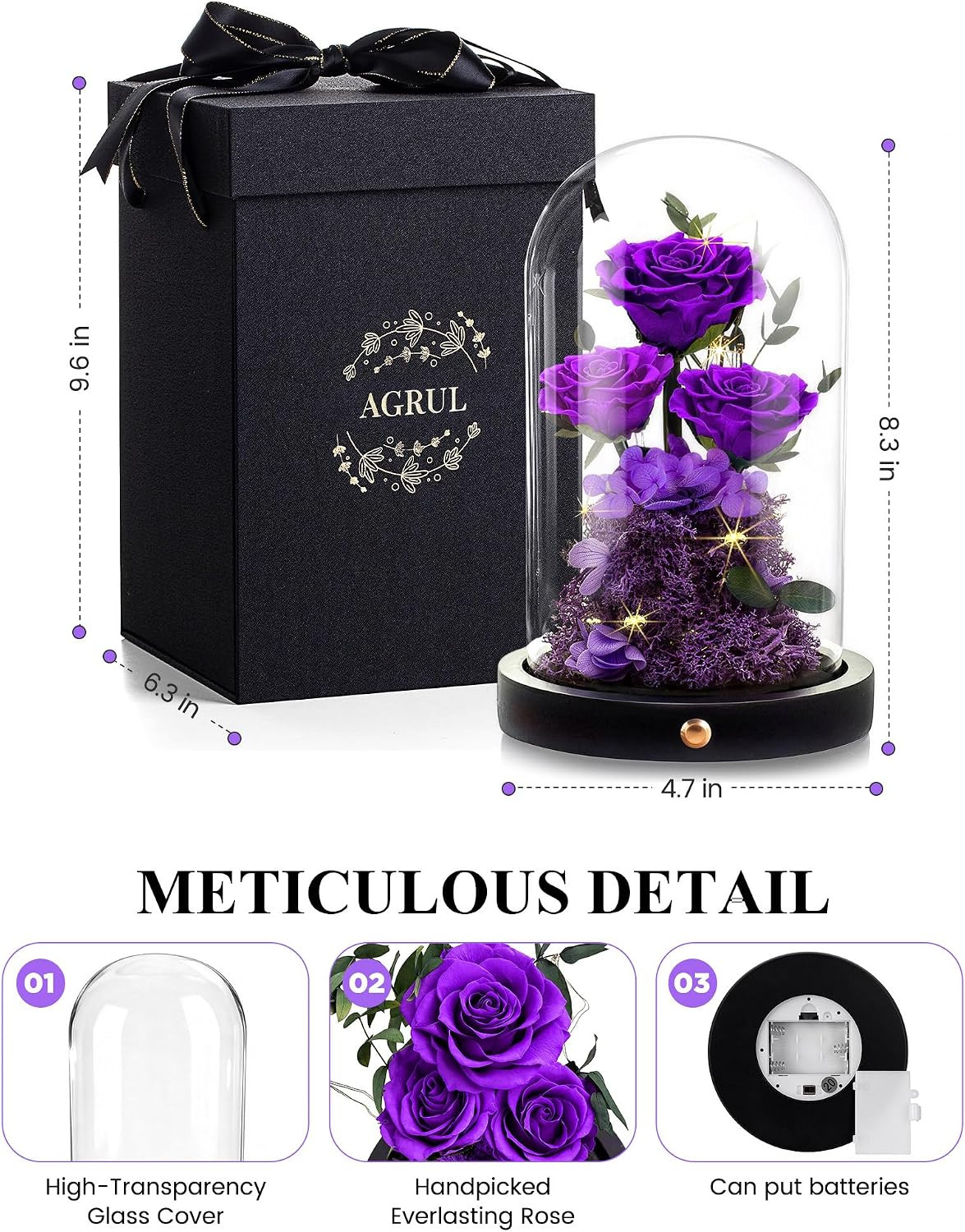 Agrul Birthday Gifts for Women Forever Preserved Flowers Roses in Glass Dome Ann
