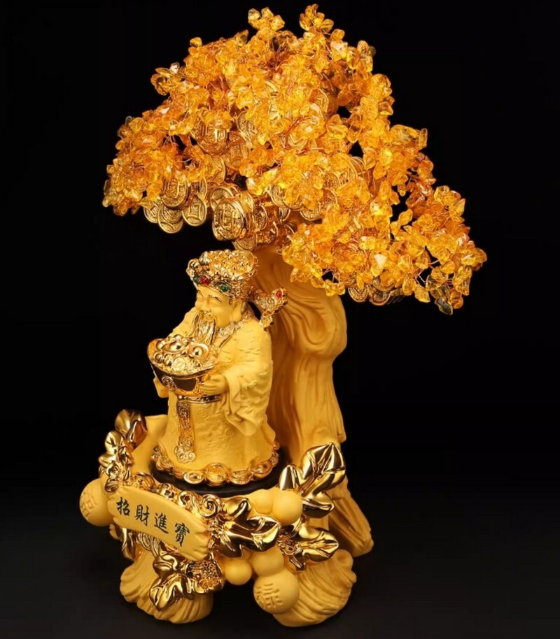 Yellow Crystal Money Tree Bonsai Statue Chinese Feng Shui Wealth God Decor Gift