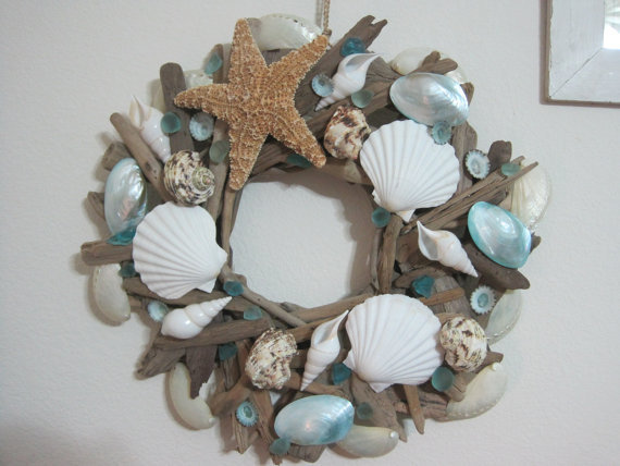 Beach Decor Handmade Seashell and Sugar Starfish Driftwood Wreath – Coastal Home