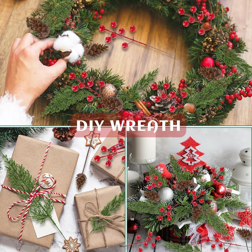 60 Pcs Christmas Artificial Pine Branches Red Berry Stems and Pine Cones, Fake F