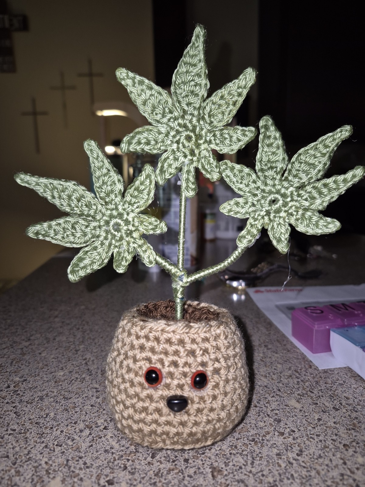 Artificial Green plant Arrangement & Centerpiece in Crocheted Pot, Beige