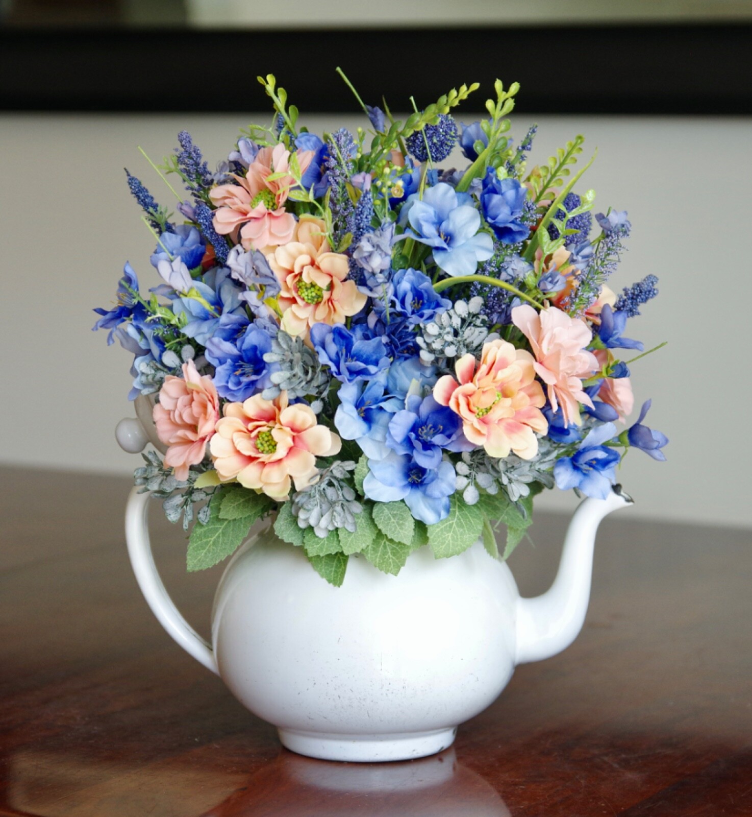 Vintage White Enamel Teapot With Peach Daisies With Blue Delphinium, Wildflowers