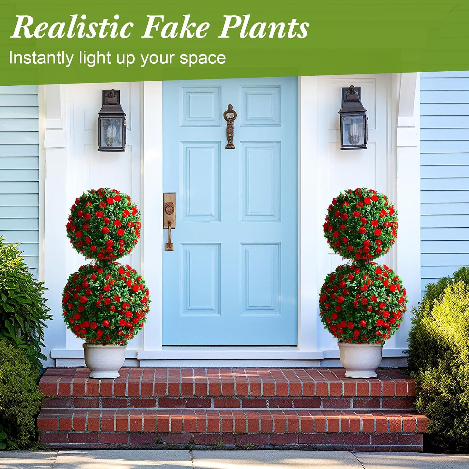 2 Pack 28 Inch Outdoor Artificial Rose Topiary Trees Double Ball with Flowers Fa