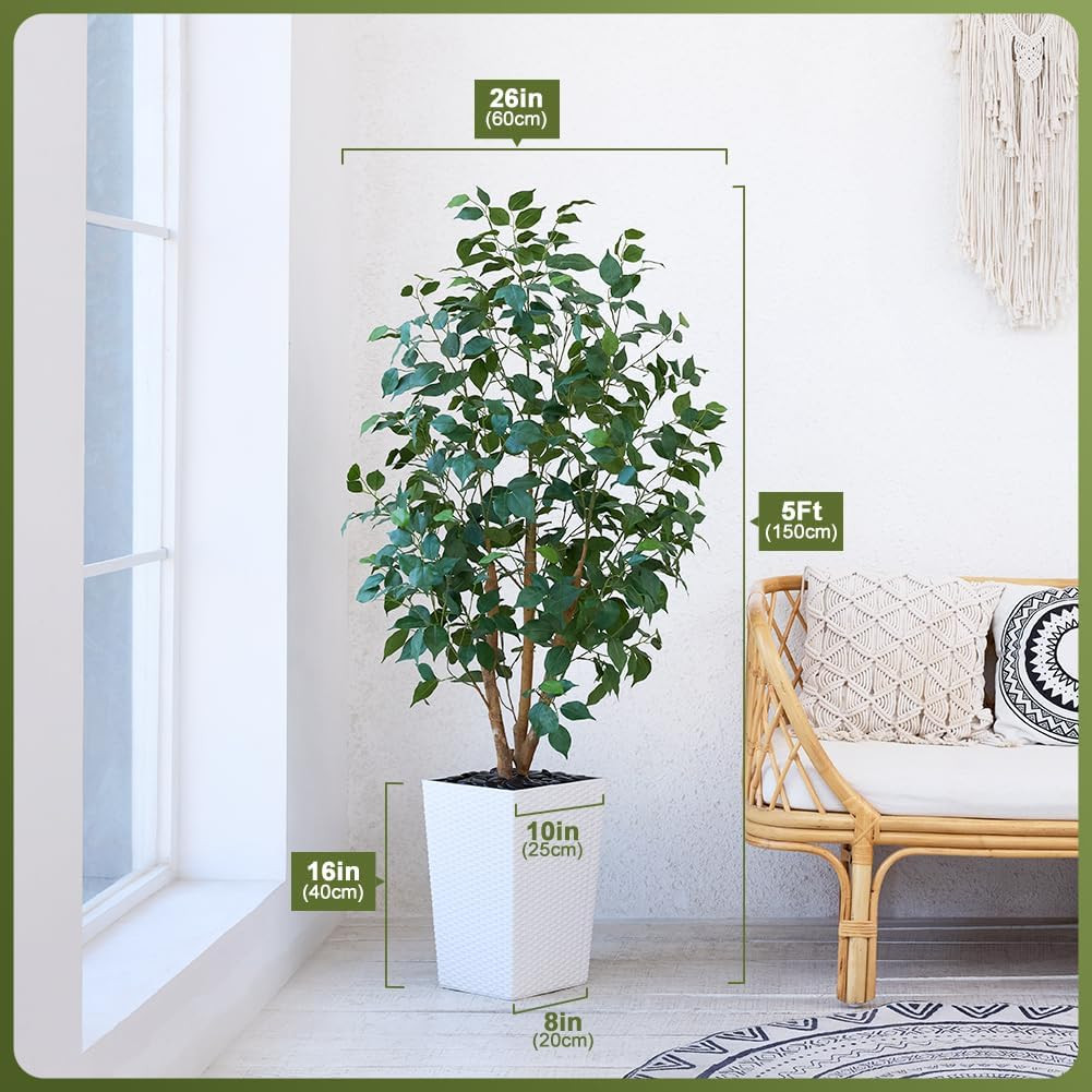 5Ft Artificial Ficus Tree,Tall Faux Tree with Pebbles & Planter UV Resistant Pot