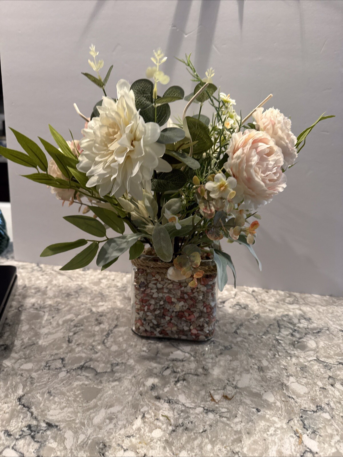 Spring Silk Floral Arrangement Clear Glass Vase Shell Chips Beach Decor