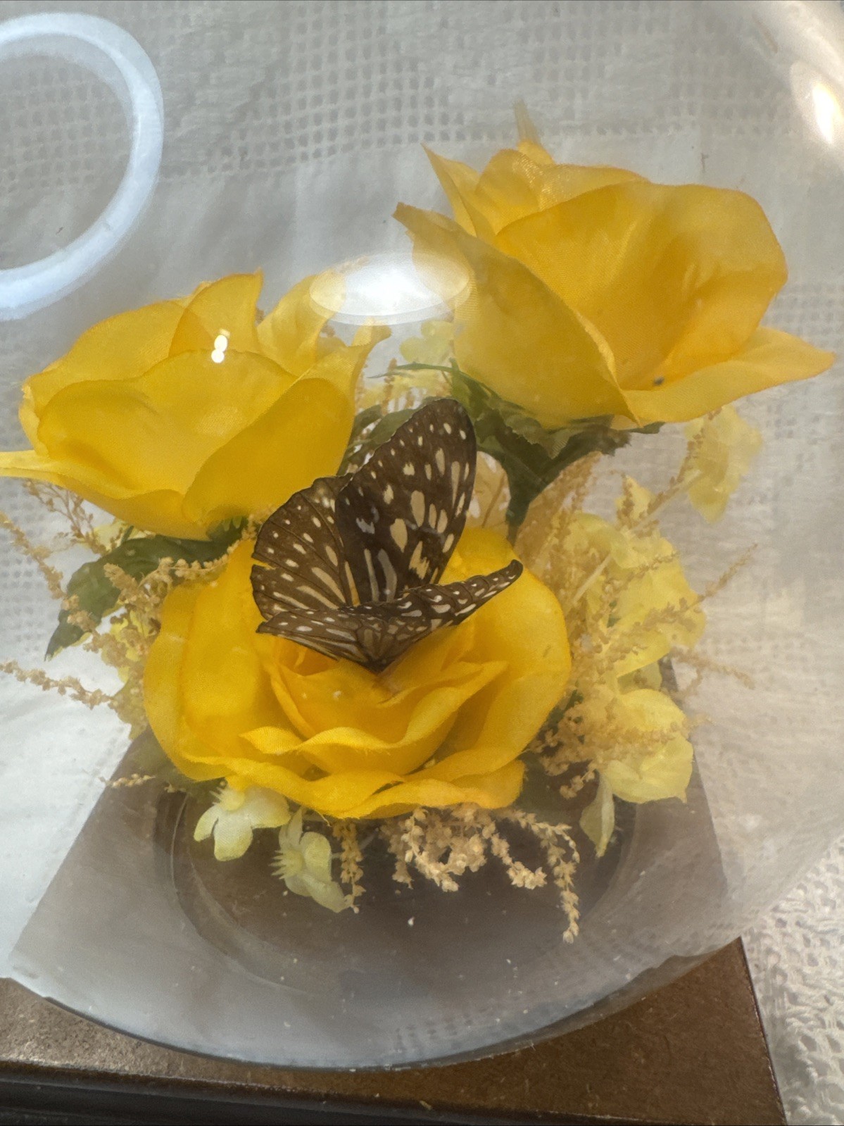 Vintage preserved flower arrangement in glass dome