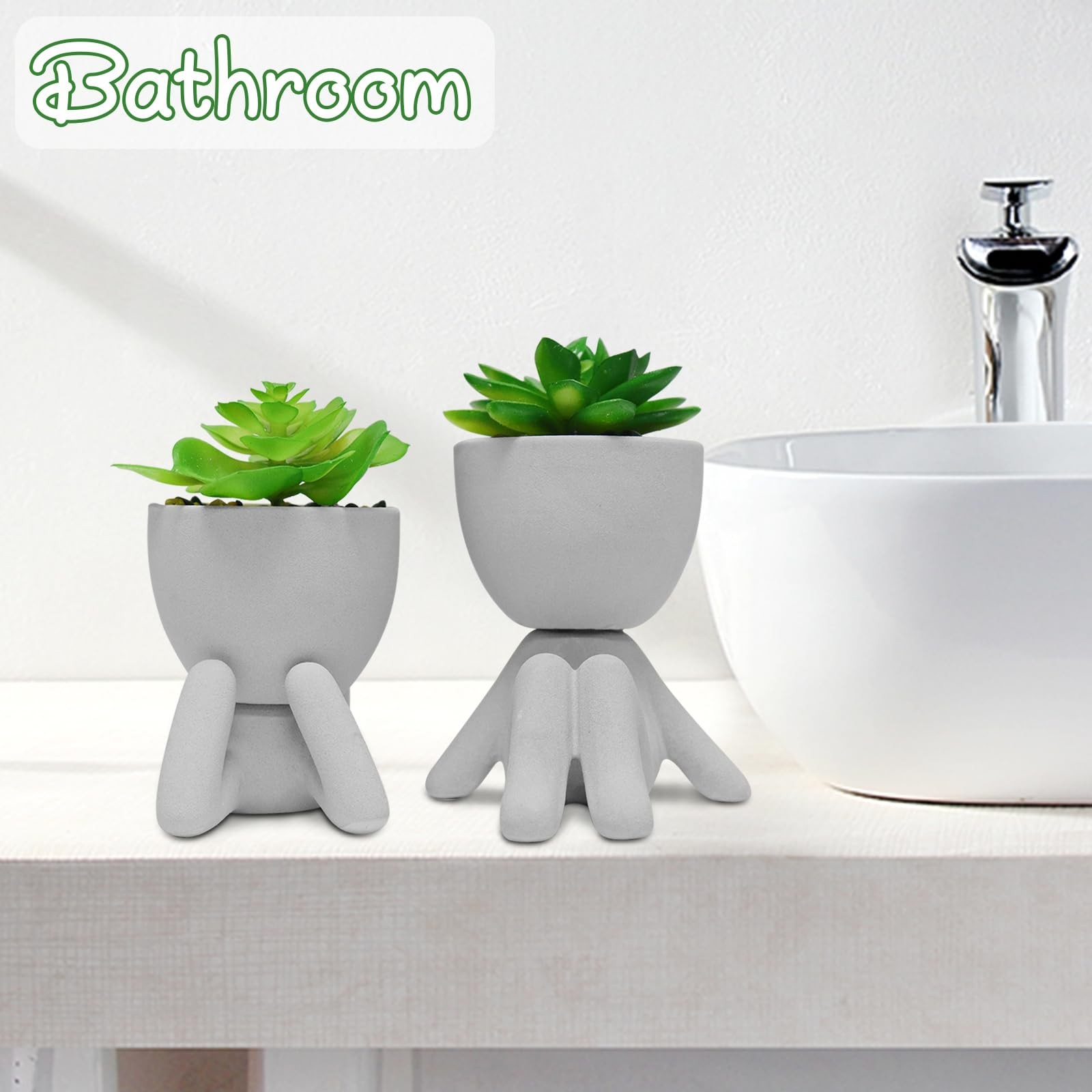 2 PCS Cute Artificial Succulent Plant Creative Human Shaped Pot Cement Gray