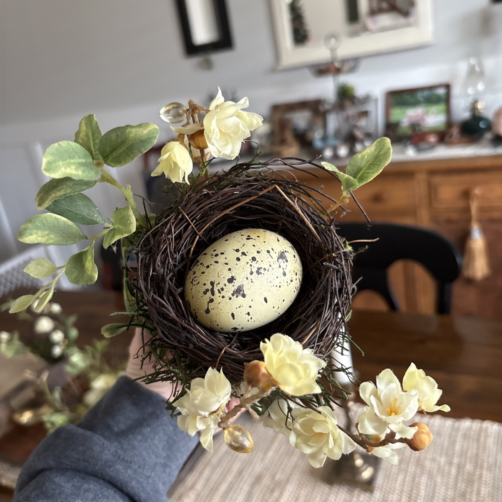 Easter Table Decor Bird’s Nest With Faux Eggs & Yellow Artificial Flowers Spring