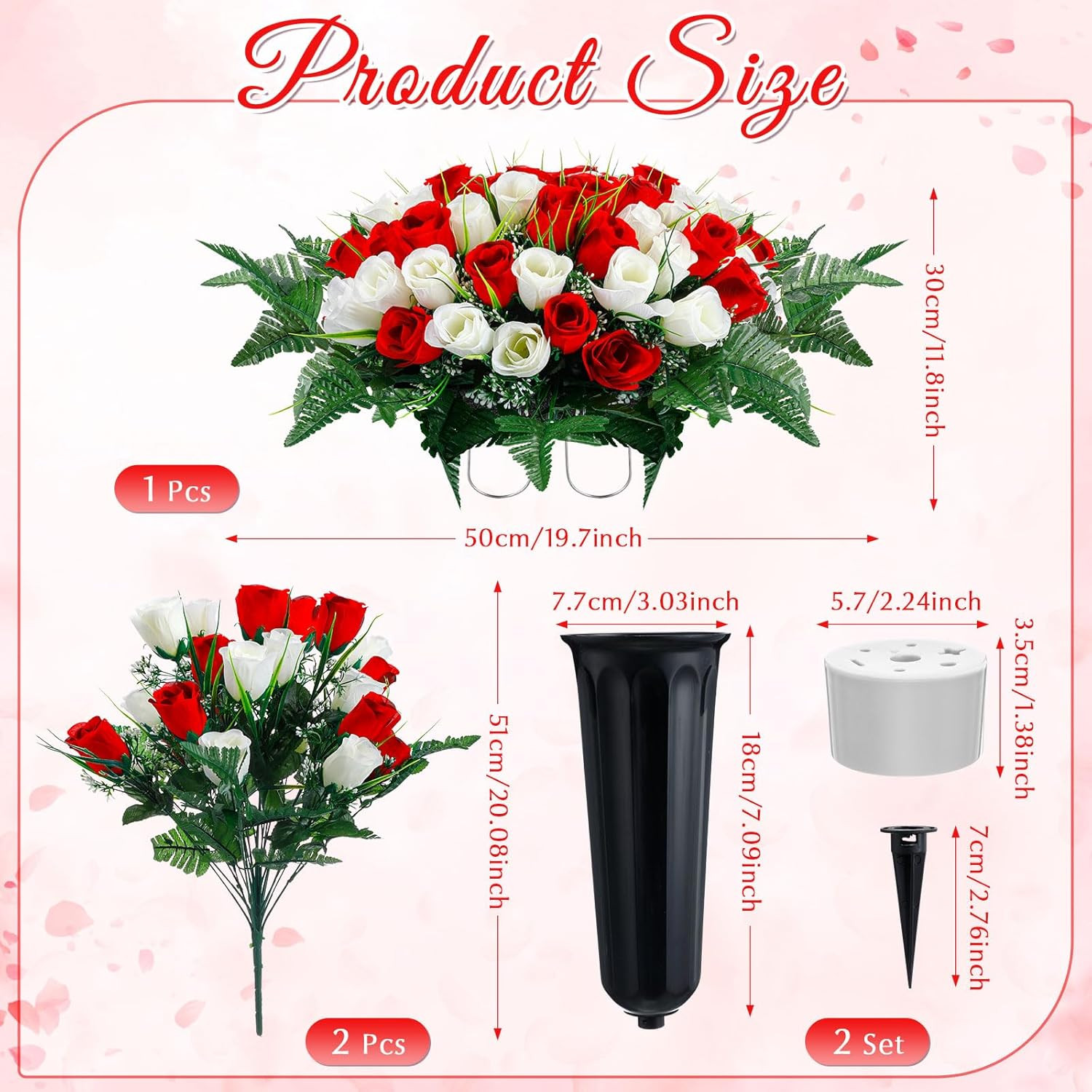 3 Pcs Artificial Cemetery Flower Set with Vase – Red & White Memorial Bouquets