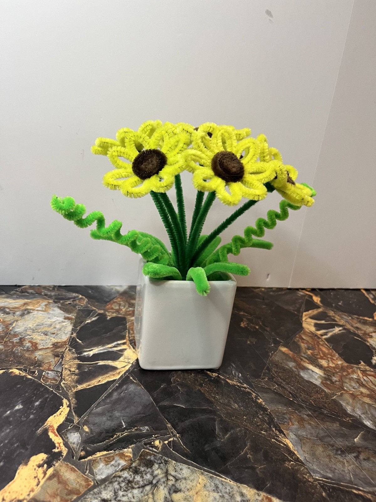 Pipe Cleaner Sunflowers – Mini Bouquet in White Ceramic Pot