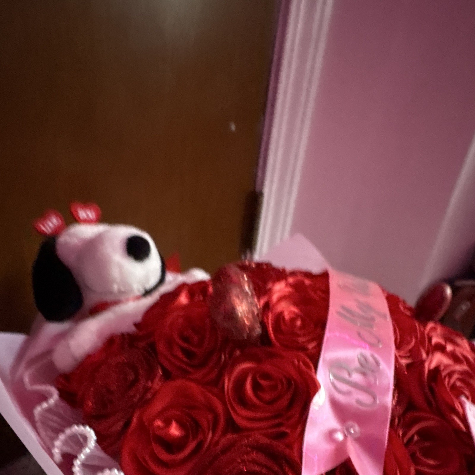 Exs Red Rose Bouquet Arrangement w/ Plush snoopy & “Be My Valentine” Ribbon