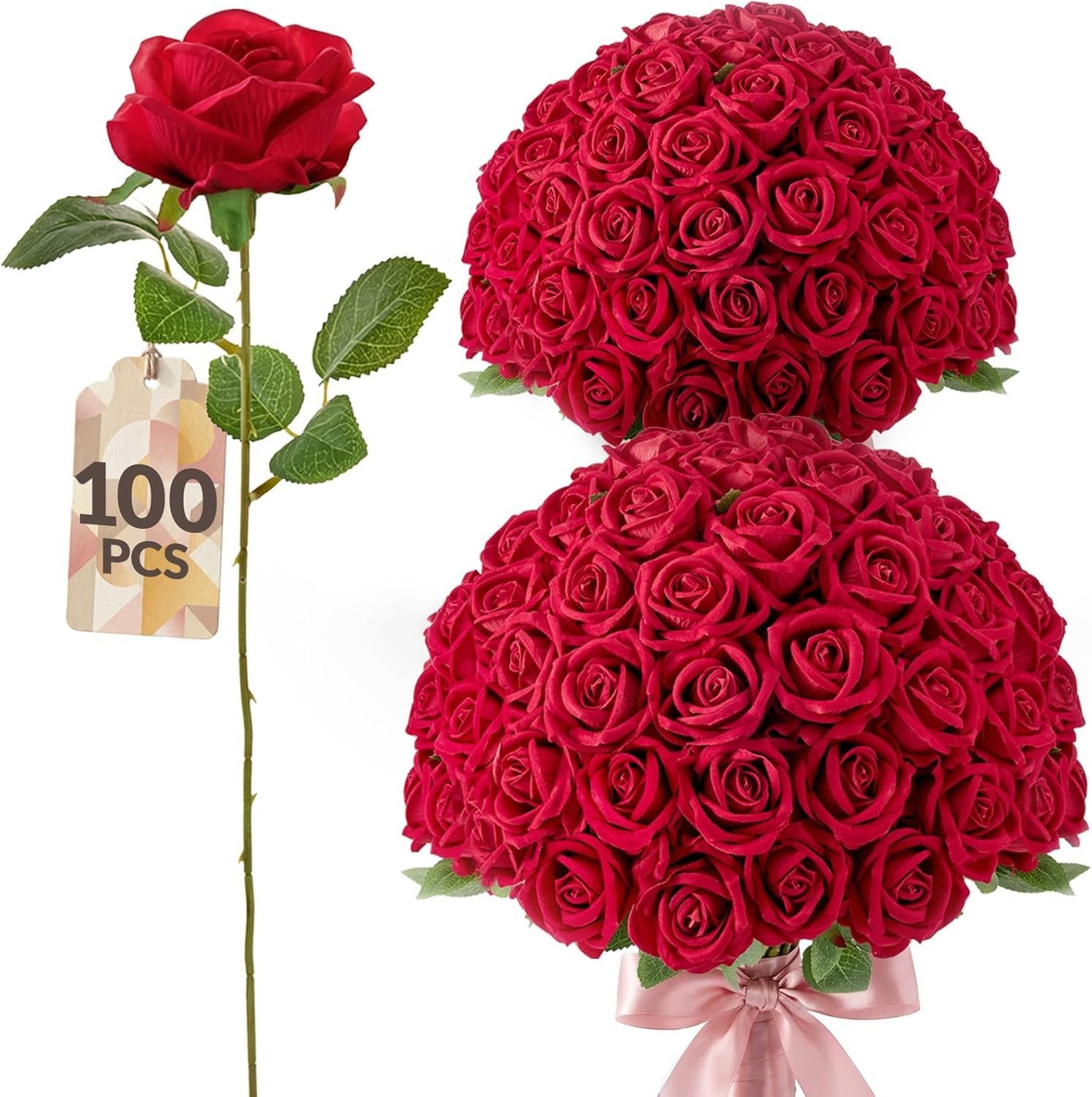 100PCS Roses Artificial Flowers with Realistic Foliage, 20″ Overall Length, B…