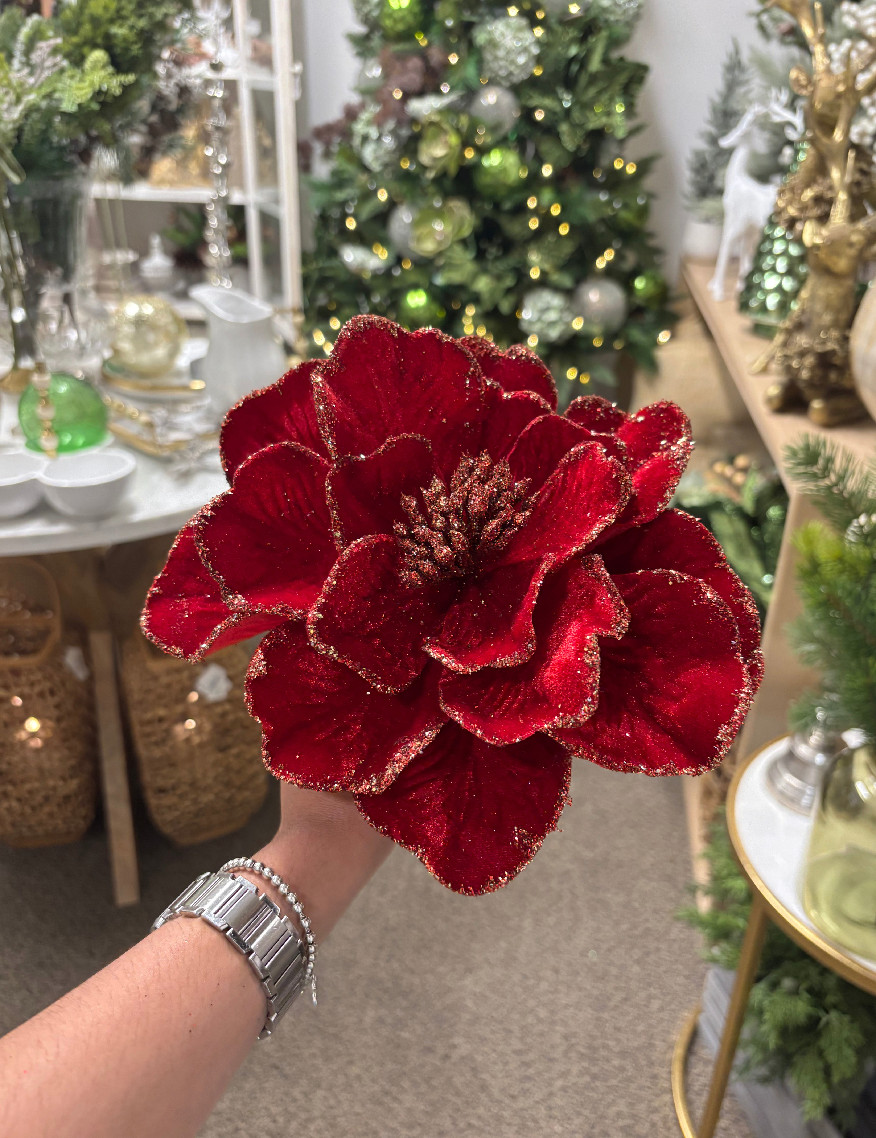 Red Magnolia Stem with Gold Glitter