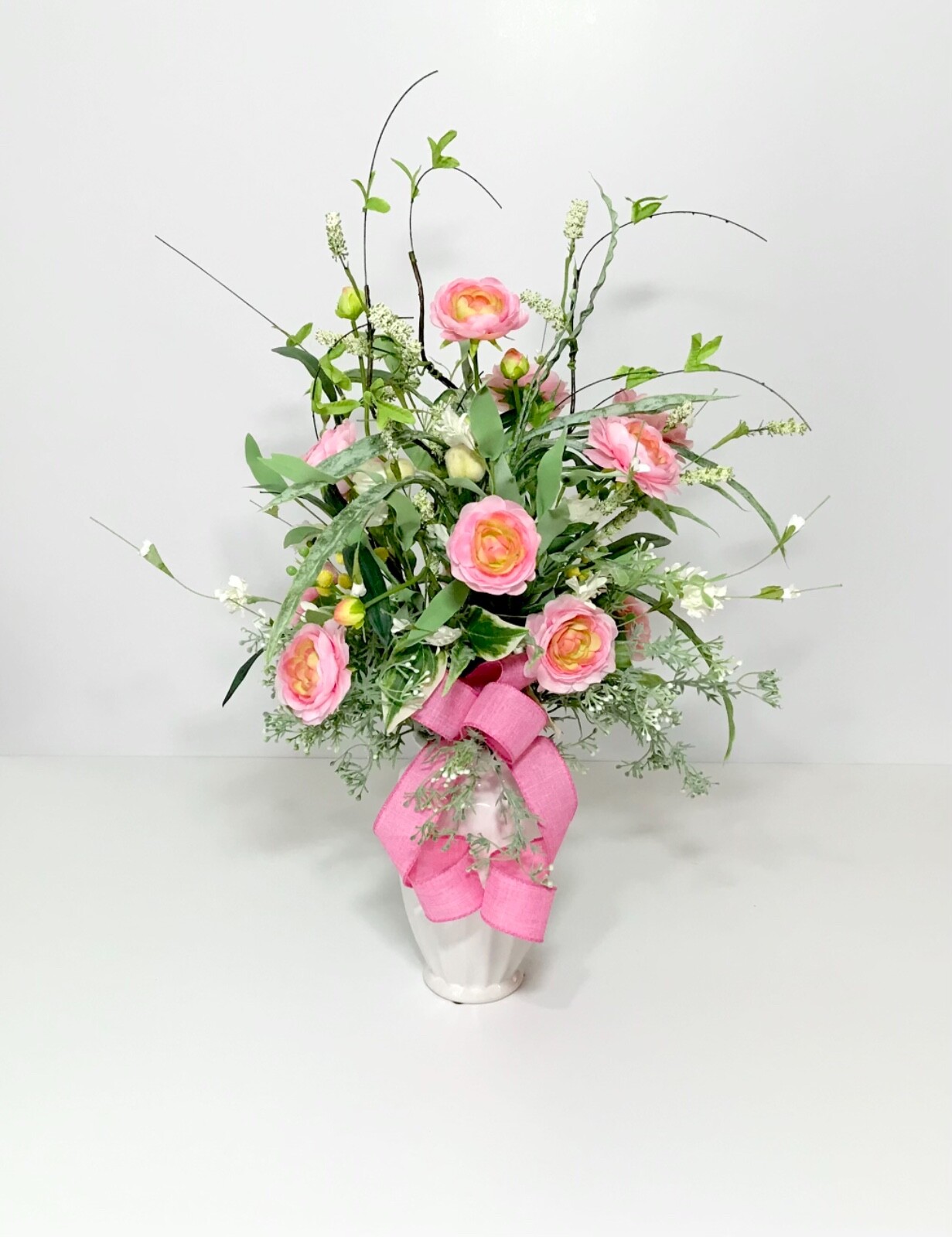 ELEGANT PINK YELLOW FLORAL ARRANGEMENT WHITE CERAMIC VASE CENTERPIECE GIFT NEW