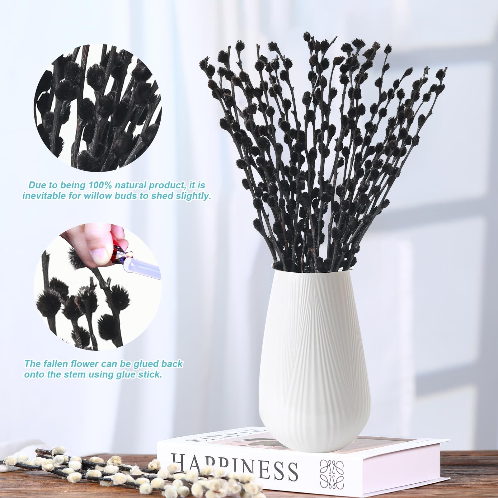 Natural Preserved Dried PussyWillow Branches for Vases, 20 Stems Real Willows…