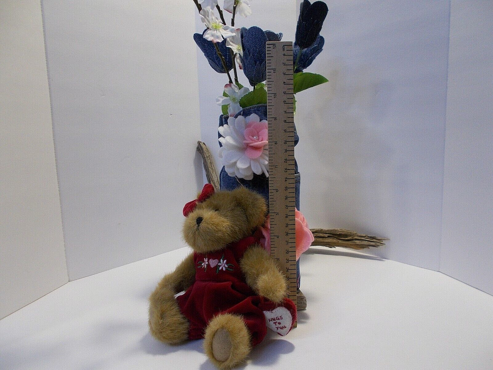 Denim Roses & Flowers in Recycled Denim Jeans Vase and Sm Valentines Hugs Bear