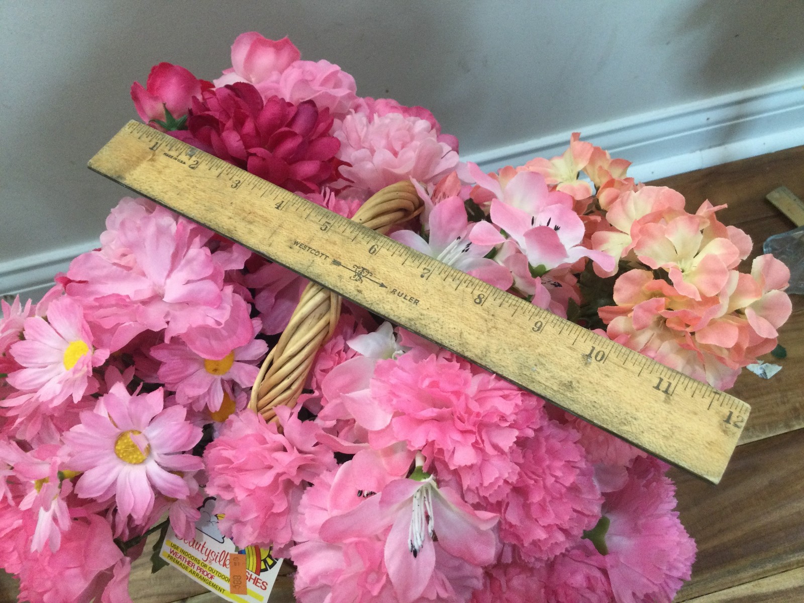 Garden Pink Silk Floral Arrangement in a Woven Basket carnations roses daisy