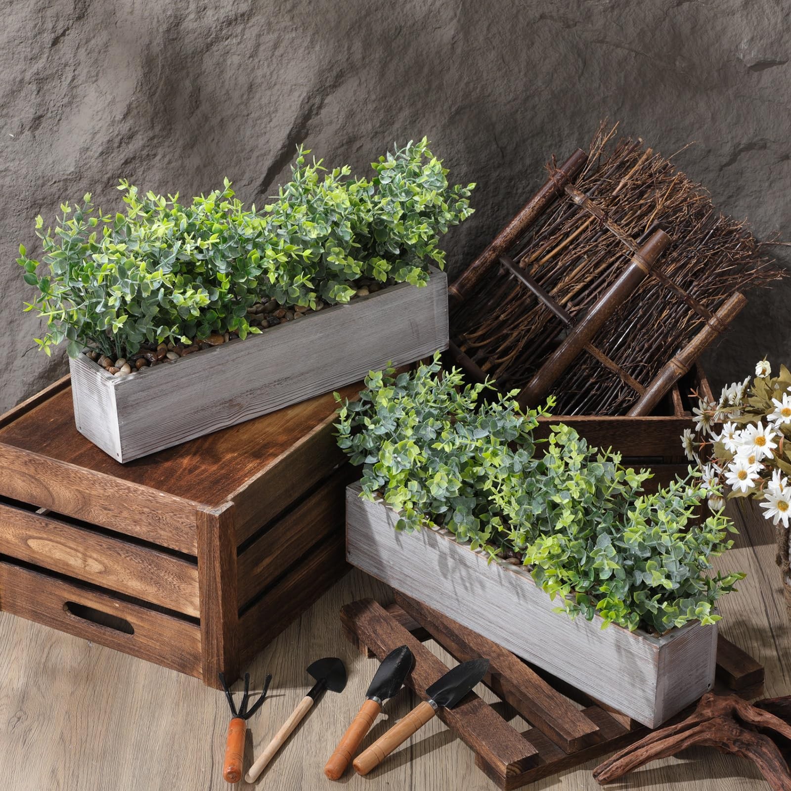 2 Pack Artificial Eucalyptus Plant in Rustic Rectangular Wooden Planter Box G…