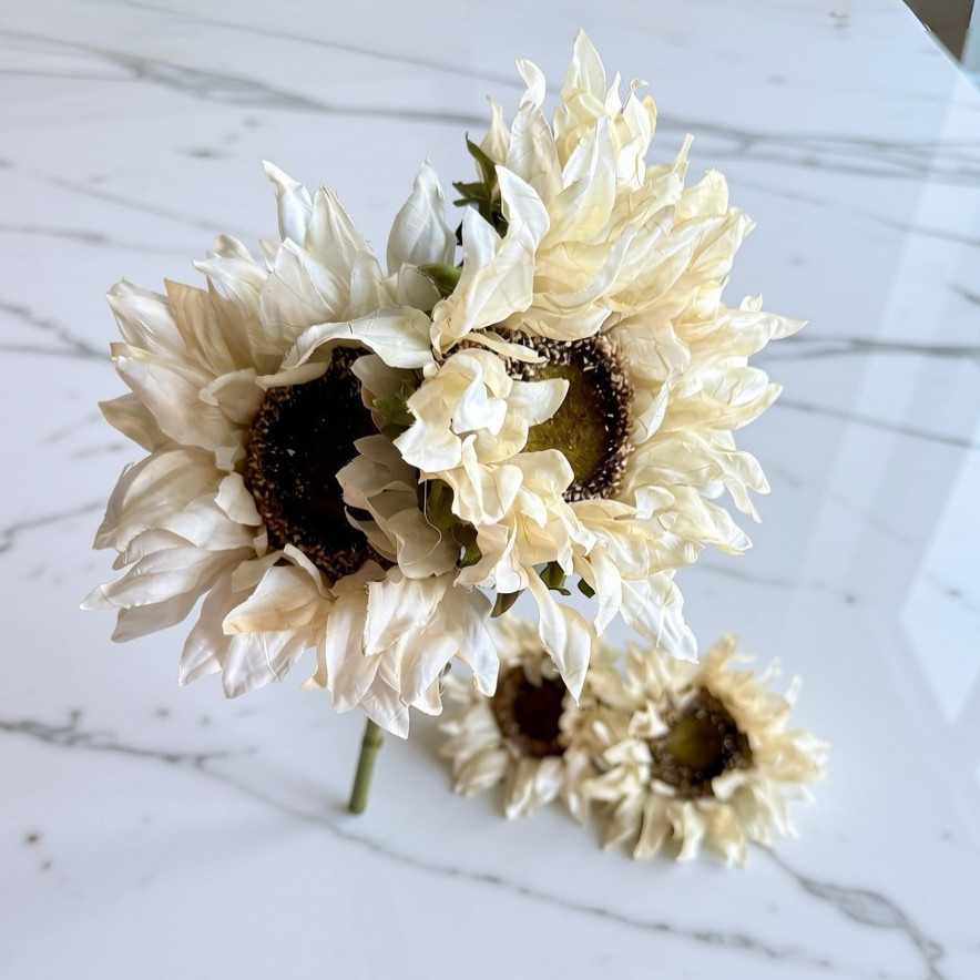 Set of 5 Cream Faux Sunflower Picks Soft Fabric Petals Wrapped Stems 9″ Tall