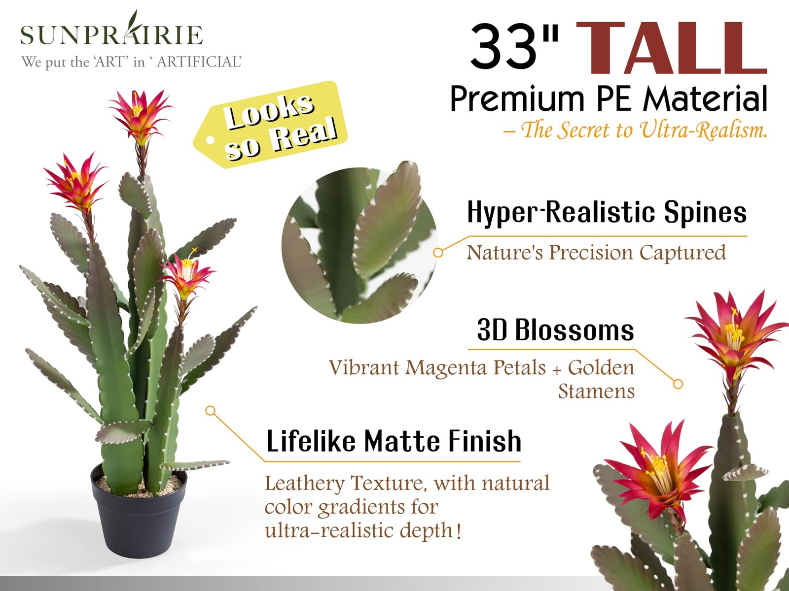 33 Inch Large Artificial Cactus with Magenta Flowers in Pot with Natural Grav…