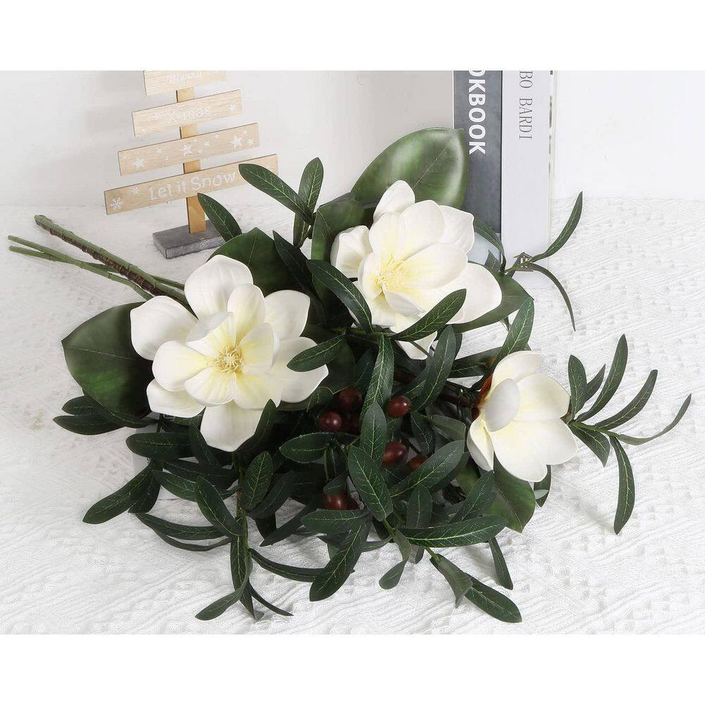 White Artificial Magnolia Flower 1Pcs and Olive Branches 4Pcs Real Touch Combo f