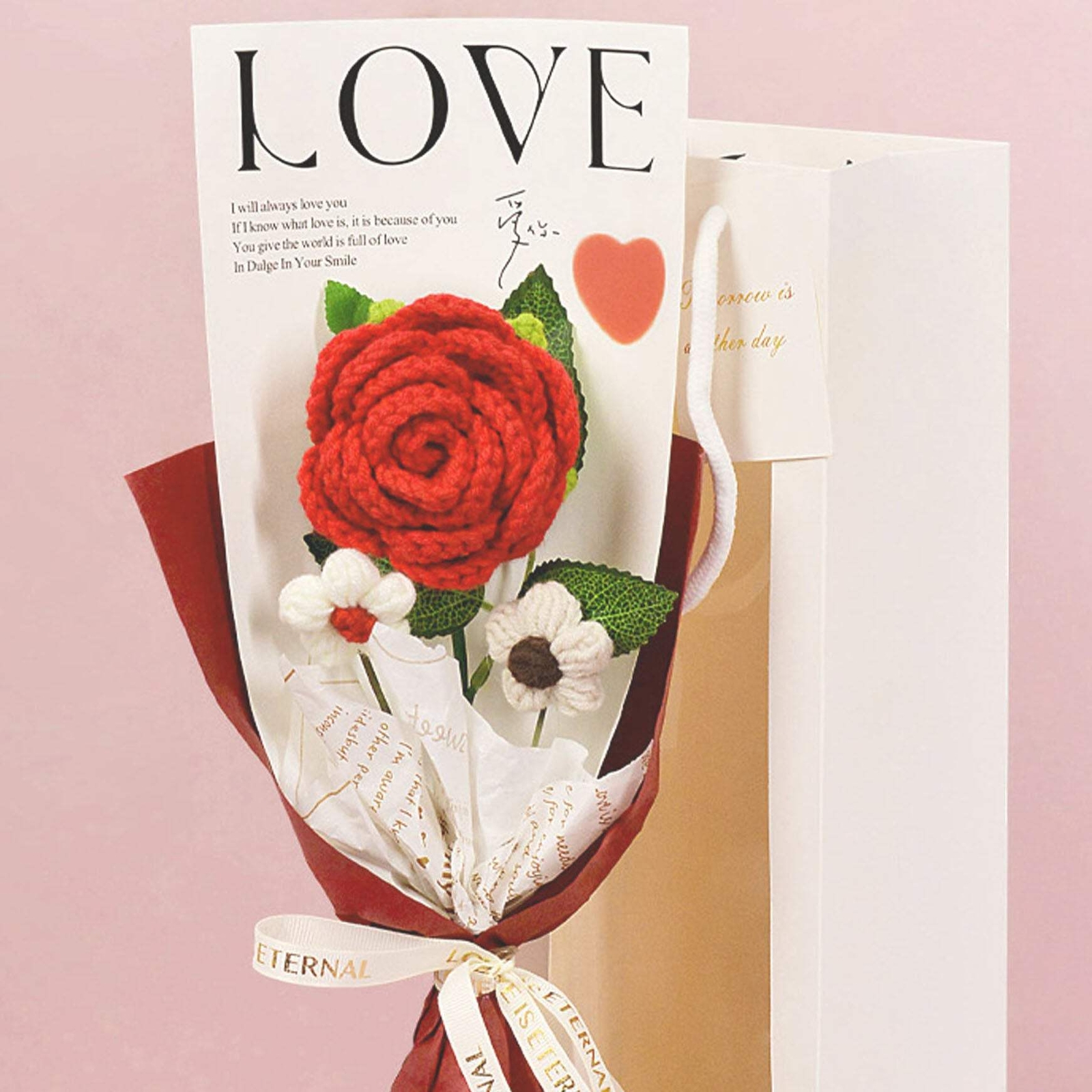 Rose Crochet Flower Valentine Gift for Wife Girlfriend 1 Rose 2 Daisies Gift Bag