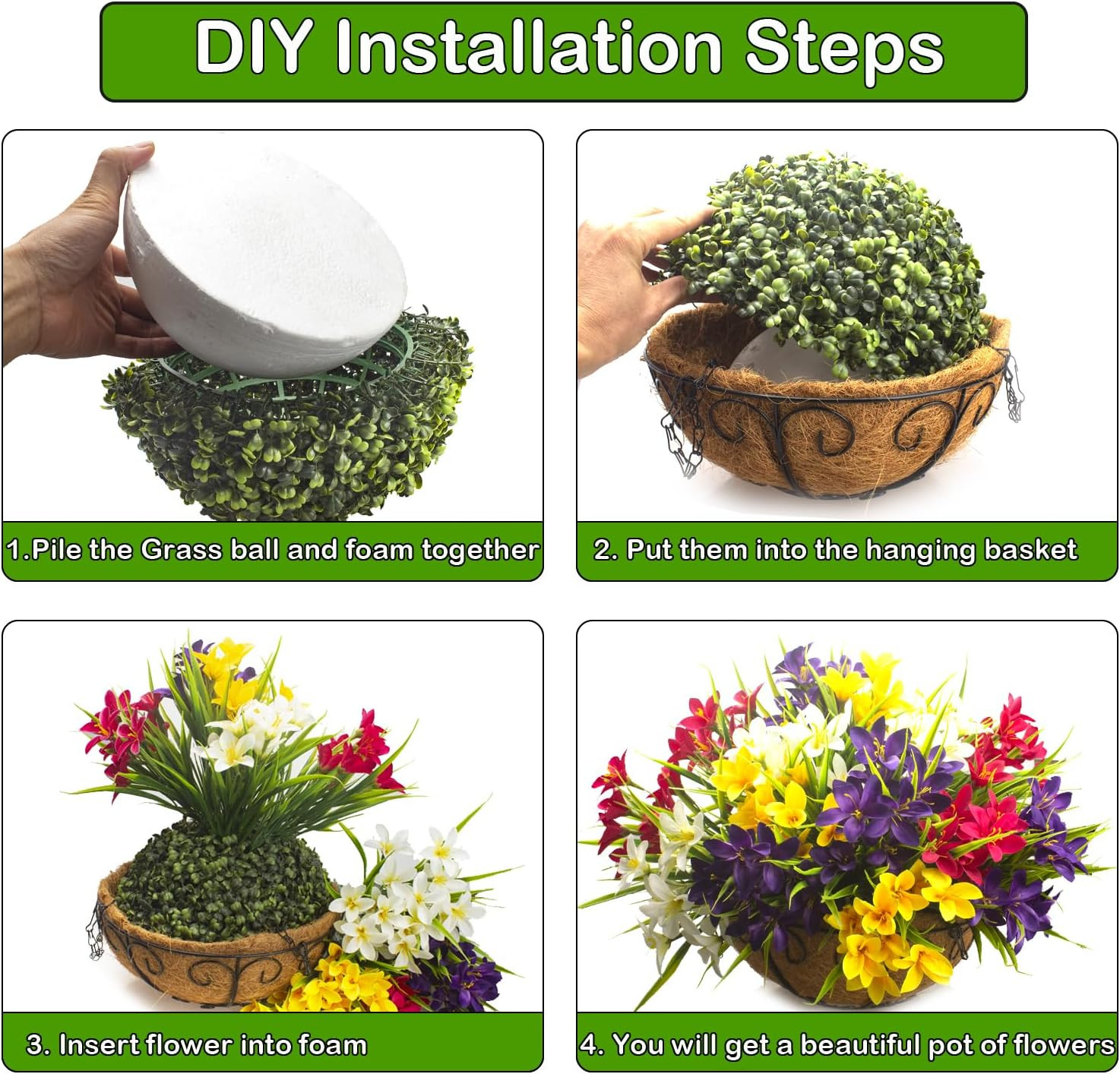 Vibrant UV Resistant Artificial Flowers in Hanging Basket – 12 Colorful Bundles